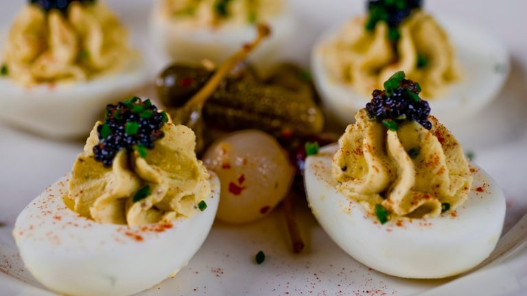 close up of deviled eggs