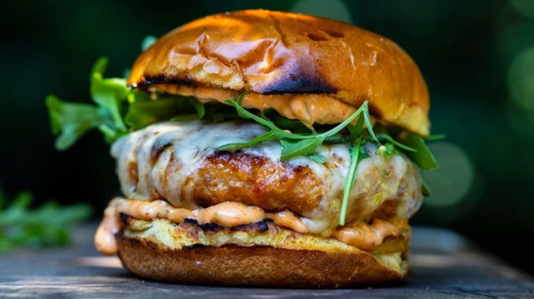 Close-up of a ground beef and chorizo burger on a brioche bun