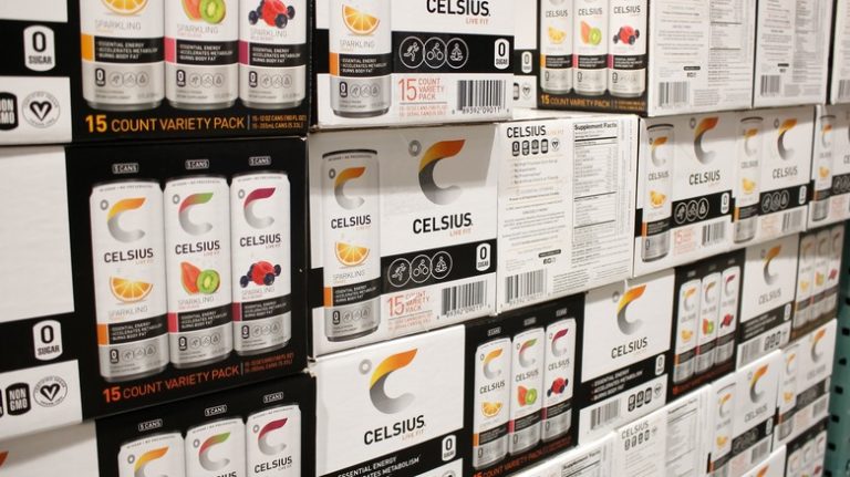 cases of different flavors of Celsius