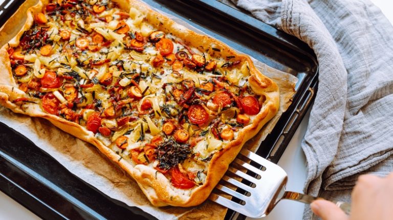 Pizza on a baking sheet