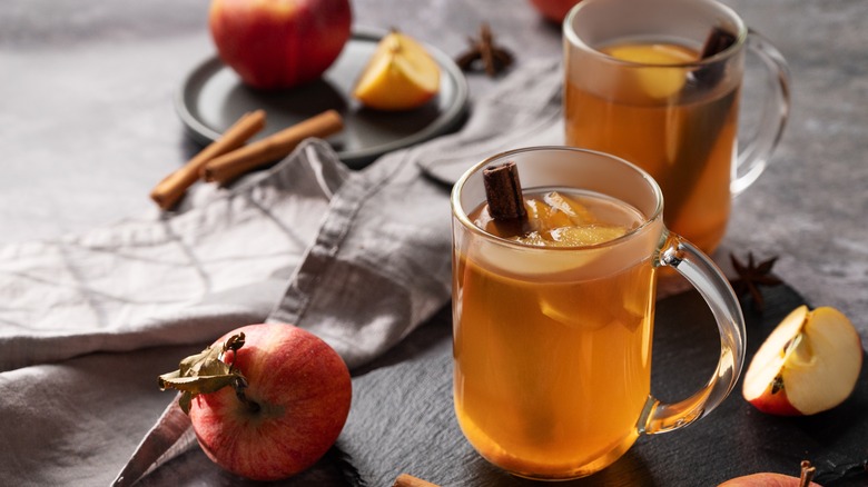 Juice in glass with apples and cinnamon sticks